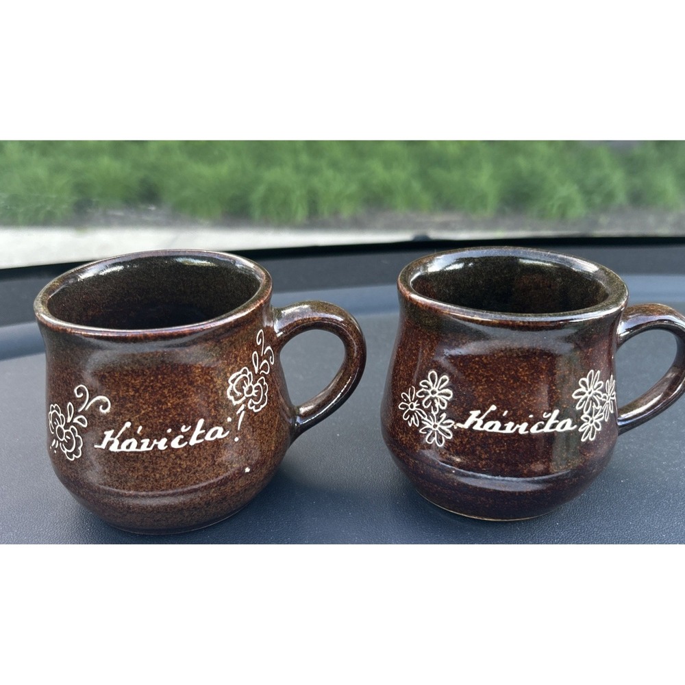 2 Czech/Slavic Handmade Brown Marked Studio Coffee Mugs. "little Coffee" Flowers
